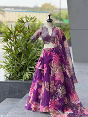 Purple Organza Digital Printed Lehenga Set with Sequins Blouse & Designer Batwa