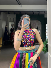 Multicolor Pure Rayon Navratri Lehenga Choli with Mirror Work & Cowrie Lace Blouse