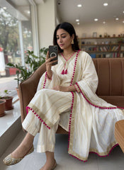 White Chanderi Silk 3 Piece Kurti Pant Set with Dupatta & Fancy Lace Work
