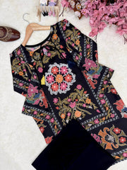 Black Magic Cotton Embroidered Co-Ord Set with Crepe Plazzo | Designer Ethnic Kurti Set for Women