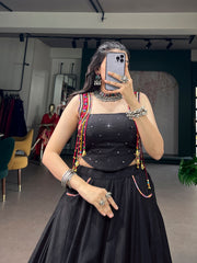 Classic Black Pure Cotton Navratri Lehenga Choli with Mirror Work & Kutchi Lace