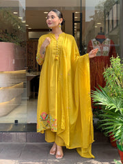 Rooprangi Women's Premium Chanderi Silk Embroidered Kurta Pant Set with Chanderi Dupatta | Olive Green & Mustard Yellow