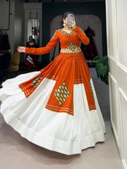 Orange & White Rayon Navratri Lehenga Choli with Gamthi Patch Work