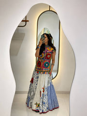 White & Blue Muslin Cotton Navratri Chaniya Choli Set with Gamthi Embroidery & Mirror Work | Designer Garba Lehenga for Women