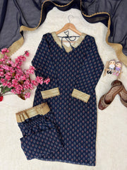 Navy Blue Georgette Printed Kurti Plazzo Set with Dupatta | Designer Festive Ethnic Wear for Women