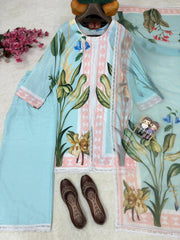 Sky Blue Magic Cotton Digital Print Kurti Pant Set with Georgette Dupatta | Designer Floral Ethnic Suit for Women