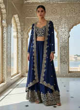 Navy Blue Chinon Silk Embroidered Indo-Western Palazzo Set with Shrug