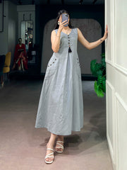 Rooprangi Women's Khadi Cotton A-Line Midi Dress with Wooden Button Detailing