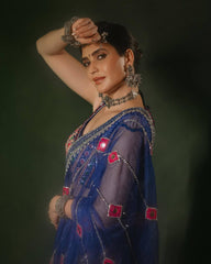 RoopRangi Women's Royal Navy Blue Printed Muslin Cotton Lehenga Choli Set with Real Mirror Work & Dupatta