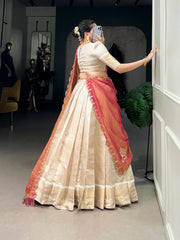 Cream Jacquard Chex Zari Weaving Lehenga with Embroidered Zari Shimmer Dupatta | Traditional Festive & Onam Wear Lehenga for Women
