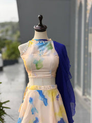 Pastel Digital Print Jimmy Organza Lehenga Choli Set with Stone Work & Georgette Dupatta