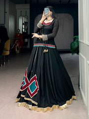 Classic Black Marble Navratri Lehenga Choli Set with Sheer Tunic & Cowrie Bell Detailing
