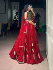 Navratri Special Bandhej Print Satin Chiffon Lehenga Choli with Dola Silk Hotfix Blouse & Dupatta