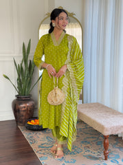 Red & Lime Green Viscose Bandhani Print Embroidered Kurta Pant Set with Muslin Dupatta