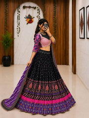 Black Malai Silk Navratri Lehenga Choli with Mirror Work & Printed Dupatta | Designer Garba & Festive Wear Lehenga for Women