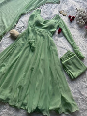 Georgette Anarkali Suit Set with Mirror Lace Dupatta – Wine, Mint Green & Lavender