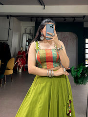 Olive Green Cotton Navratri Lehenga Choli with Zari Weaving & Cowrie Lace Blouse