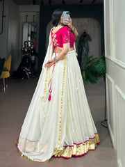 RoopRangi Women's Premium Mirror Work Lehenga Choli Set with Dupatta | White & Rani Pink