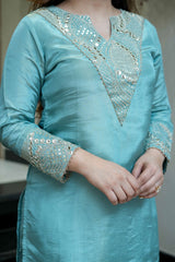 Blush Pink & Aqua Blue Premium Simmar Silk Mirror & Sequence Embroidered Kurta Palazzo Set