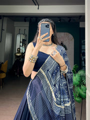 Rooprangi Women's Premium Moonga Silk Lehenga Set with Printed Satin Dupatta | Midnight Blue
