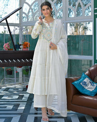 Rooprangi Women's Premium Flex Butti Cotton Embroidered Kurta Palazzo Set with Cota Checks Dupatta | Ivory White & Baby Pink