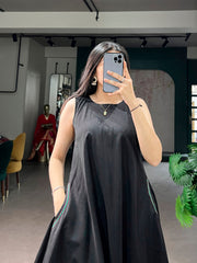 Women's Premium Black Khadi Cotton A-Line Midi Dress with Pocket | Casual & Everyday Wear