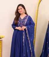 Wine, Sapphire Blue & Ivory White Chanderi Silk Embroidered Anarkali Kurta Pant Set with Embroidered Chanderi Dupatta