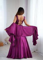 Purple Sequin Embroidered Net Lehenga Skirt Set with Padded Blouse & Crepe Dupatta