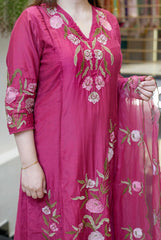 Rani Pink Premium BSY Chanderi Silk Embroidered Kurta Pant Set with Organza Dupatta