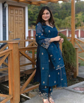 Premium Roman Silk Embroidered Suit Set with Organza Dupatta | Designer Ethnic Wear for Women