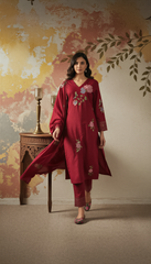 Olive Green & Maroon Chanderi Silk Embroidered Kurta Pant Set with Embroidered Chanderi Dupatta