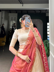 Cream Jacquard Chex Zari Weaving Lehenga with Embroidered Zari Shimmer Dupatta | Traditional Festive & Onam Wear Lehenga for Women