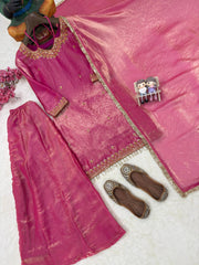 Rani Pink Fandy Silk Kurti Plazzo Set with Dupatta | Designer Embroidered Festive Suit for Women