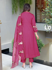 Rani Pink Premium BSY Chanderi Silk Embroidered Kurta Pant Set with Organza Dupatta