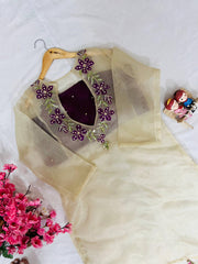 Organza Co-Ord Set with Embroidered Sheer Kurti, Blouse & Pant (3 Colors)