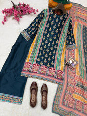 Premium Malai Satin Digital Print Kurti Pant Set with Georgette Dupatta | Designer Ethnic Suit for Women