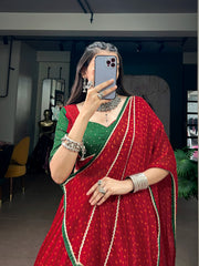 Navratri Special Bandhej Print Satin Chiffon Lehenga Choli with Dola Silk Hotfix Blouse & Dupatta