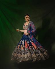 RoopRangi Women's Royal Navy Blue Printed Muslin Cotton Lehenga Choli Set with Real Mirror Work & Dupatta