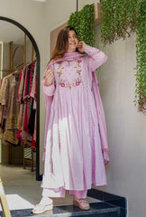 Pastel Pink & Mint Green Chanderi Silk Embroidered Anarkali Kurta Pant Set with Organza Dupatta