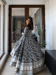 Black Premium Maslin Cotton Printed Anarkali Gown Set with Dupatta | Designer 3-Piece Ethnic Suit