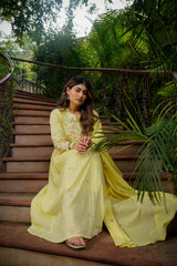 Baby Pink & Pastel Yellow Chanderi Silk Embroidered Anarkali Kurta Pant Set with Chanderi Embroidered Dupatta