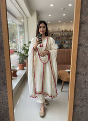 White Chanderi Silk 3 Piece Kurti Pant Set with Dupatta & Fancy Lace Work