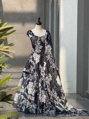 Black & White Floral Printed Designer Lehenga Choli Set with Organza Dupatta