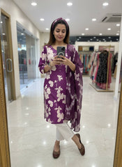 Purple Magic Cotton Embroidered Kurti Pant Set with Digital Print Dupatta