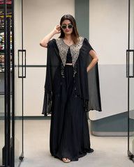 Rooprangi Women's Premium Star Georgette Indo-Western Jacket Palazzo Set | Black