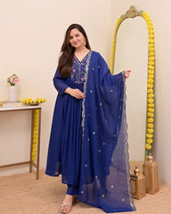 Wine, Sapphire Blue & Ivory White Chanderi Silk Embroidered Anarkali Kurta Pant Set with Embroidered Chanderi Dupatta