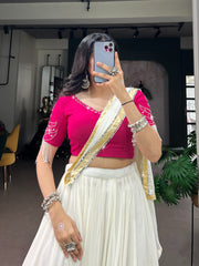 RoopRangi Women's Premium Mirror Work Lehenga Choli Set with Dupatta | White & Rani Pink