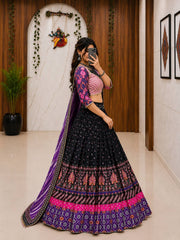 Black Malai Silk Navratri Lehenga Choli with Mirror Work & Printed Dupatta | Designer Garba & Festive Wear Lehenga for Women