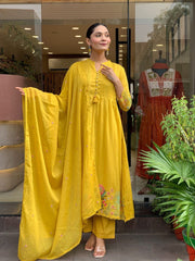 Rooprangi Women's Premium Chanderi Silk Embroidered Kurta Pant Set with Chanderi Dupatta | Olive Green & Mustard Yellow