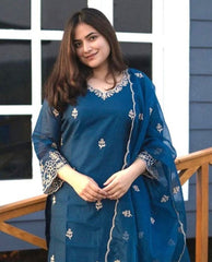 Premium Roman Silk Embroidered Suit Set with Organza Dupatta | Designer Ethnic Wear for Women